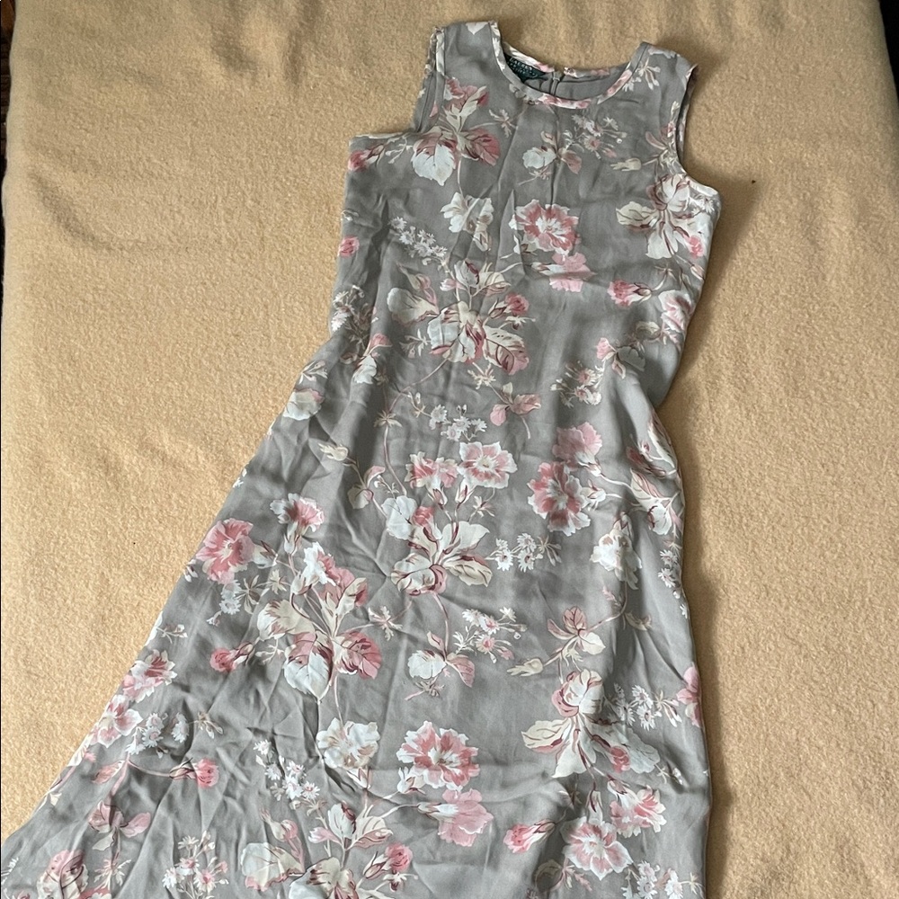 Vintage 90s 100% Silk Ralph Lauren Green Label Floral Sleeveless Dress Gray Pink